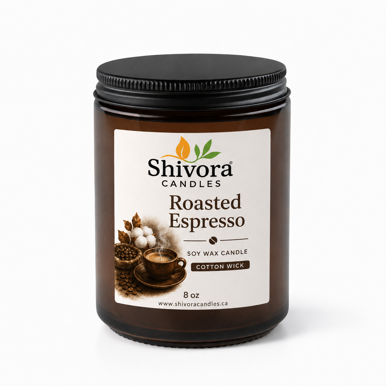 Roasted Espresso 8 oz cotton wick soy candle hand-poured in Ontario Canada